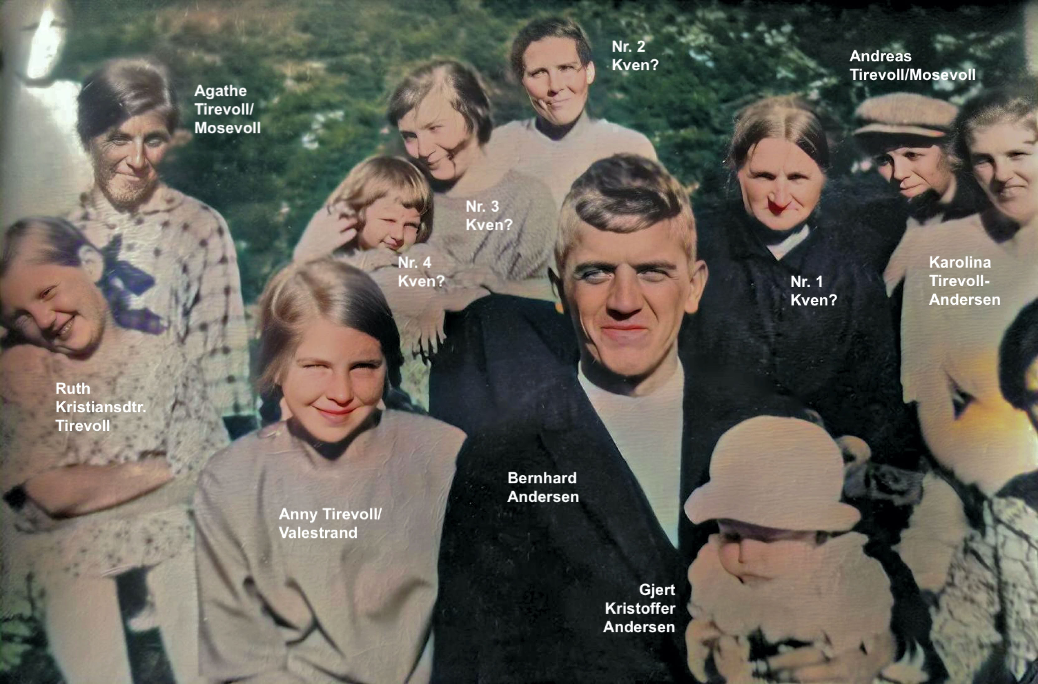 Gruppebileta med personar knytt til Tirevoll frå ca. 1926